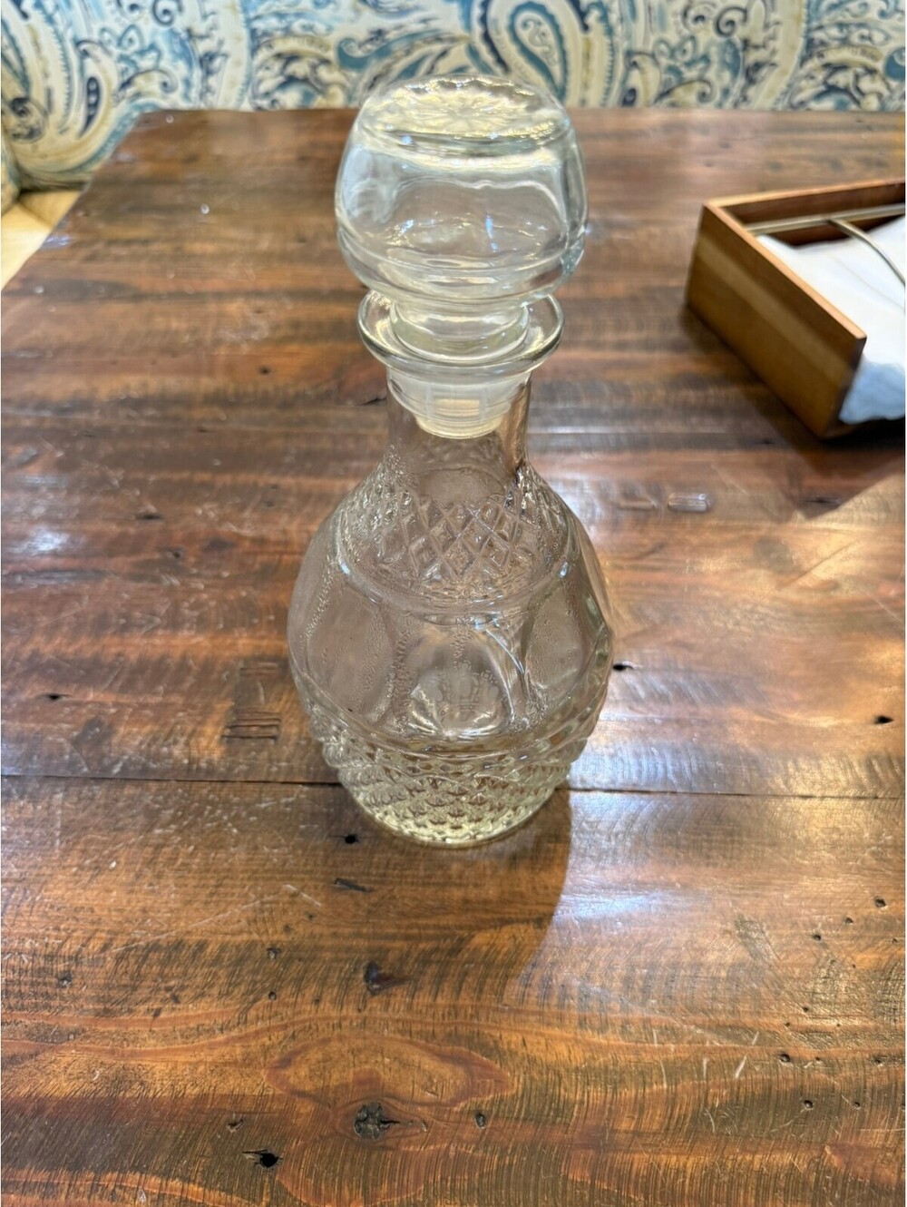Pressed Glass Decanter with Diamond Cut Pattern and Crown/Grape Motif Stopper